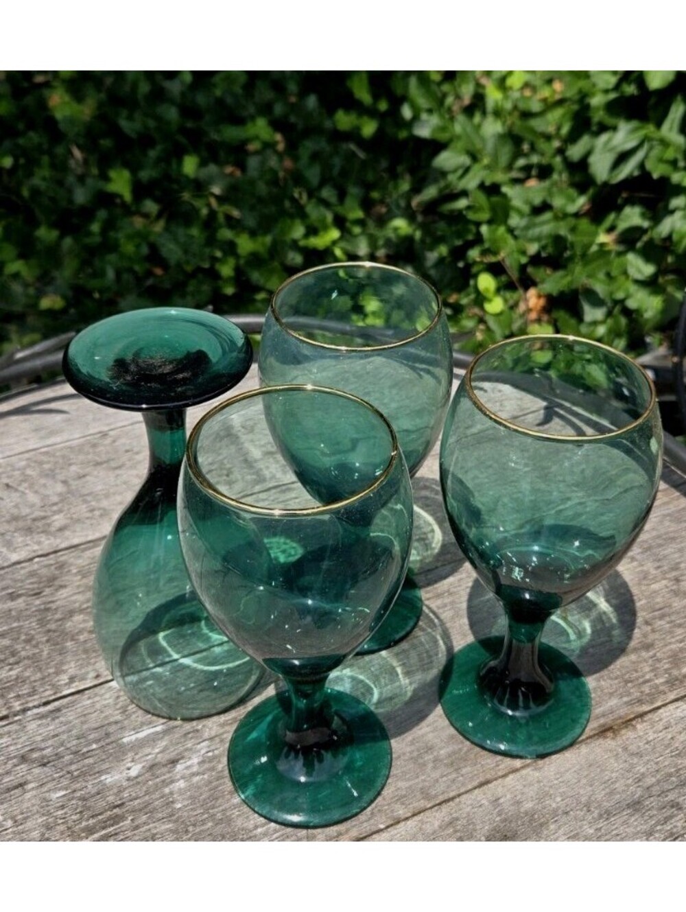 4 Goblets Vintage Libbey Juniper Green Gold Rim Teardrop Wine Water Glasses 8oz